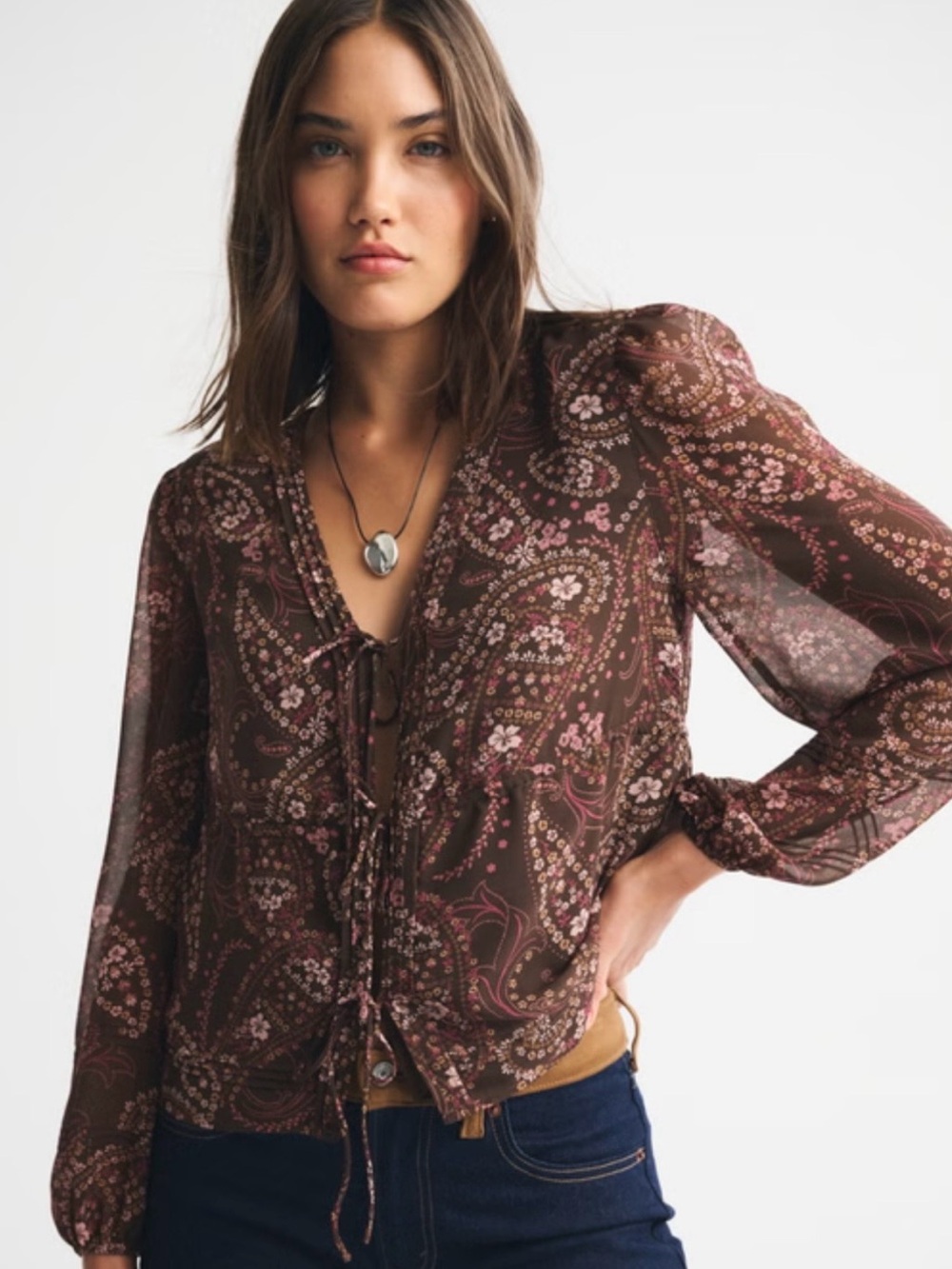 Abercrombie & Fitch Brown Paisley Tie-Front Blouse Size S NWOT